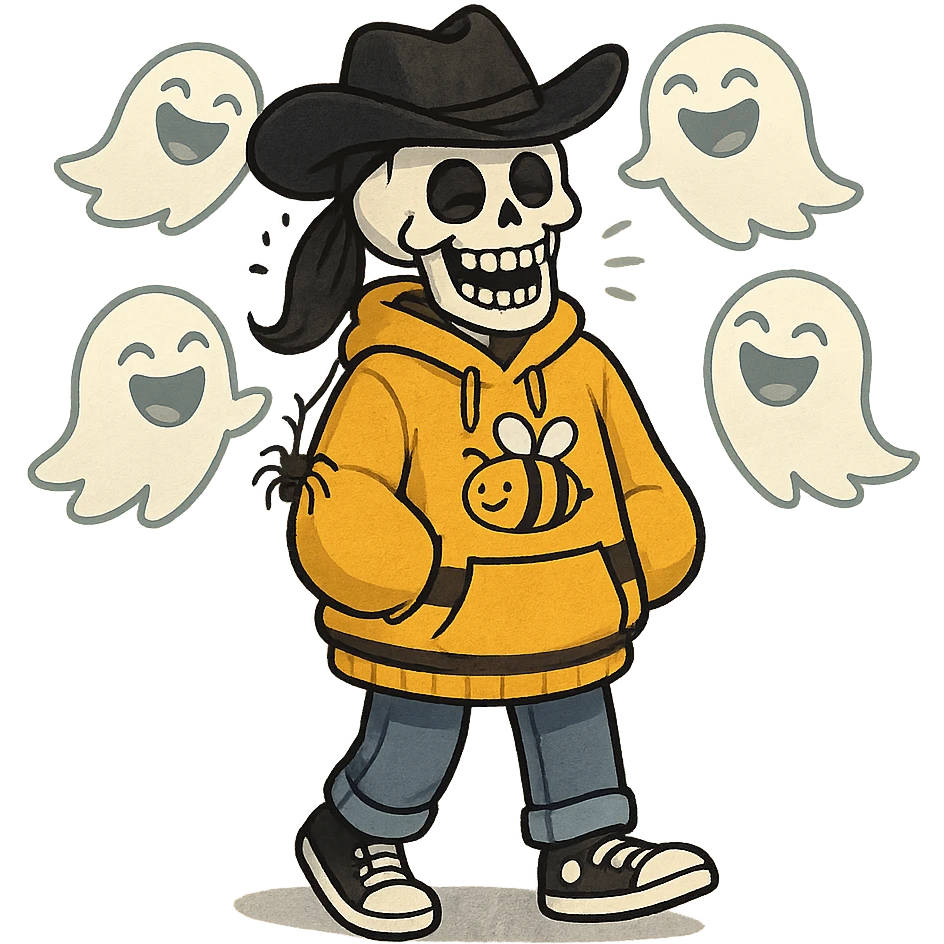 a skeleton with a bee-themed oversized hoodie, black ponytail, black cowboy hat with a spider keychain, joyful and chuckling, blue jeans, black and white tennis shoes, hands barely visible, surrounded by laughing ghosts emoji