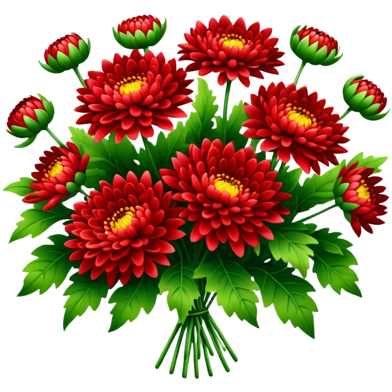 big bouquet Bright Red Chrysanthemum, luxuriant, leaf, bud emoji