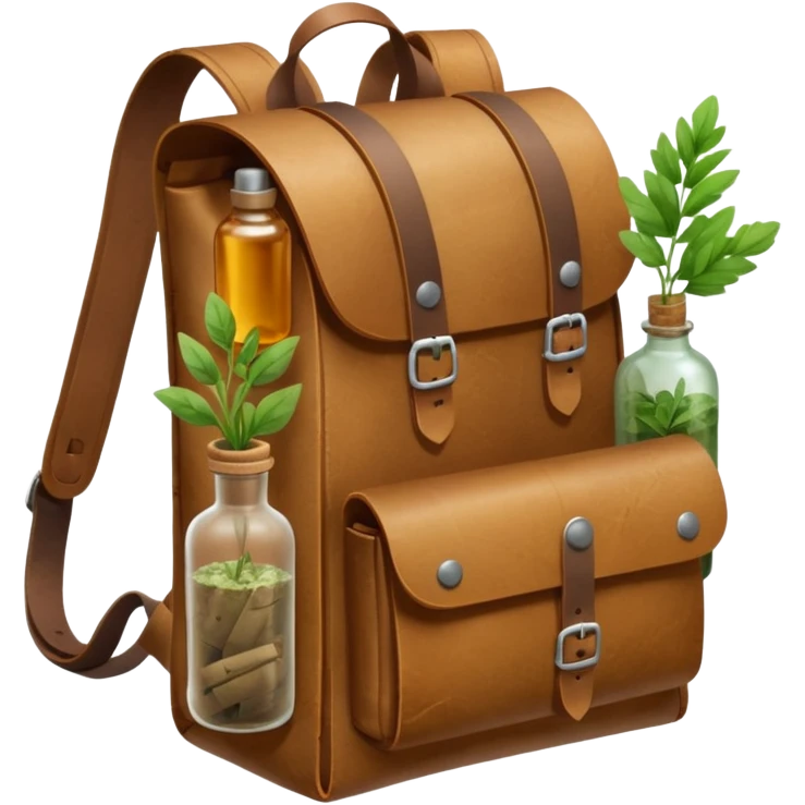 A sturdy, weathered leather backpack with metal-reinforced flaps. A rolled parchment and fresh herbs stick out from its pockets, while a small corked bottle rests at the front. It looks practical, rugged, and ready for any journey. emoji