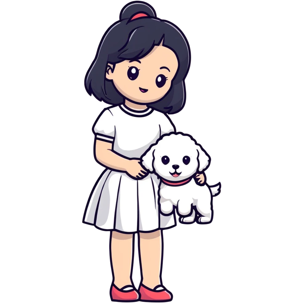 A beautiful girl with long straight black hair wearing a white skirt holding a small white Bichon Frise emoji