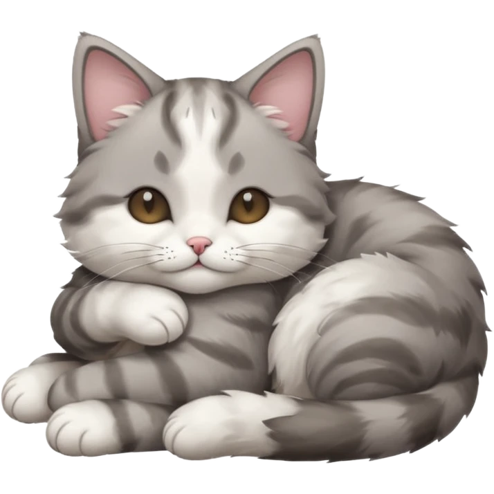 grey and white small cat with its eyes closed lying down with his paw curled under his head holding it up emoji