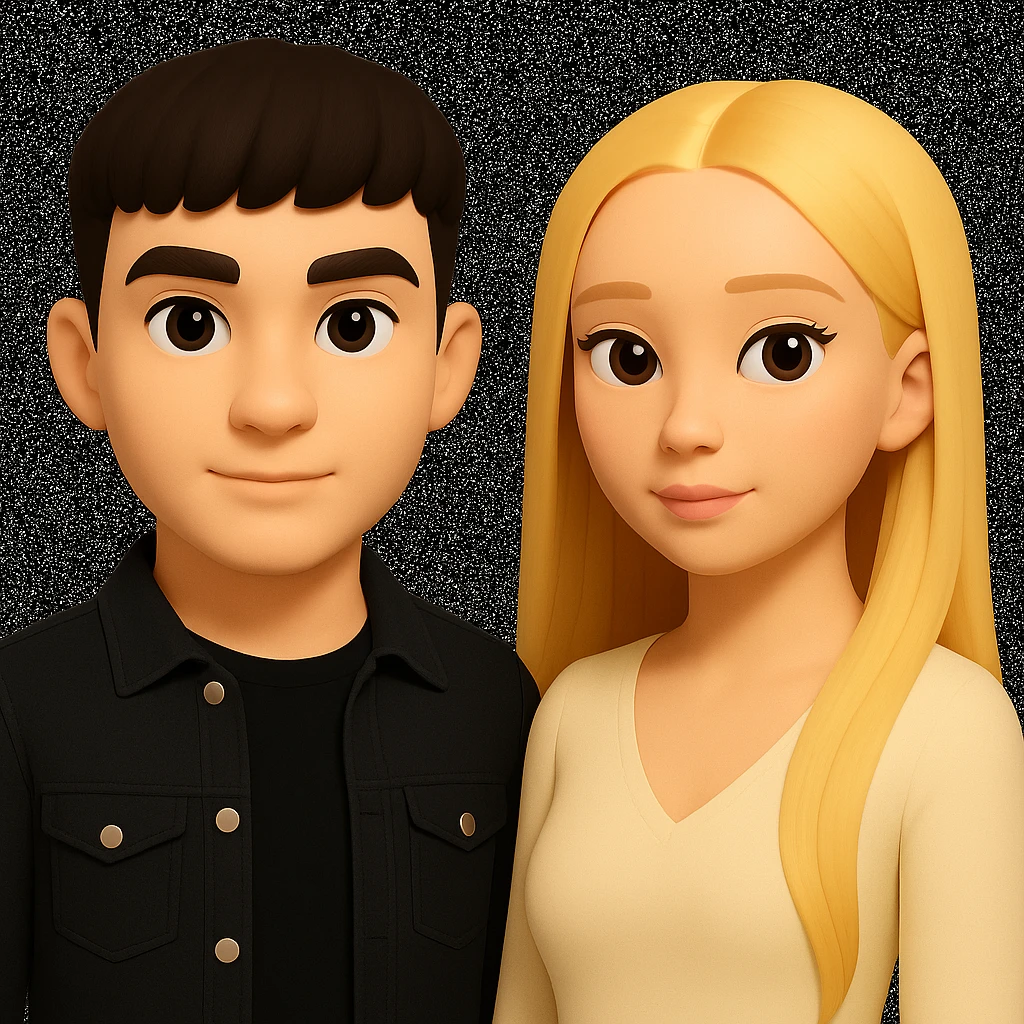 Slightly increase the volume of the upper body of the girl, significantly spread them apart from each other, make the skin color the same for both characters, keep the cartoon style as in the reference image. emoji