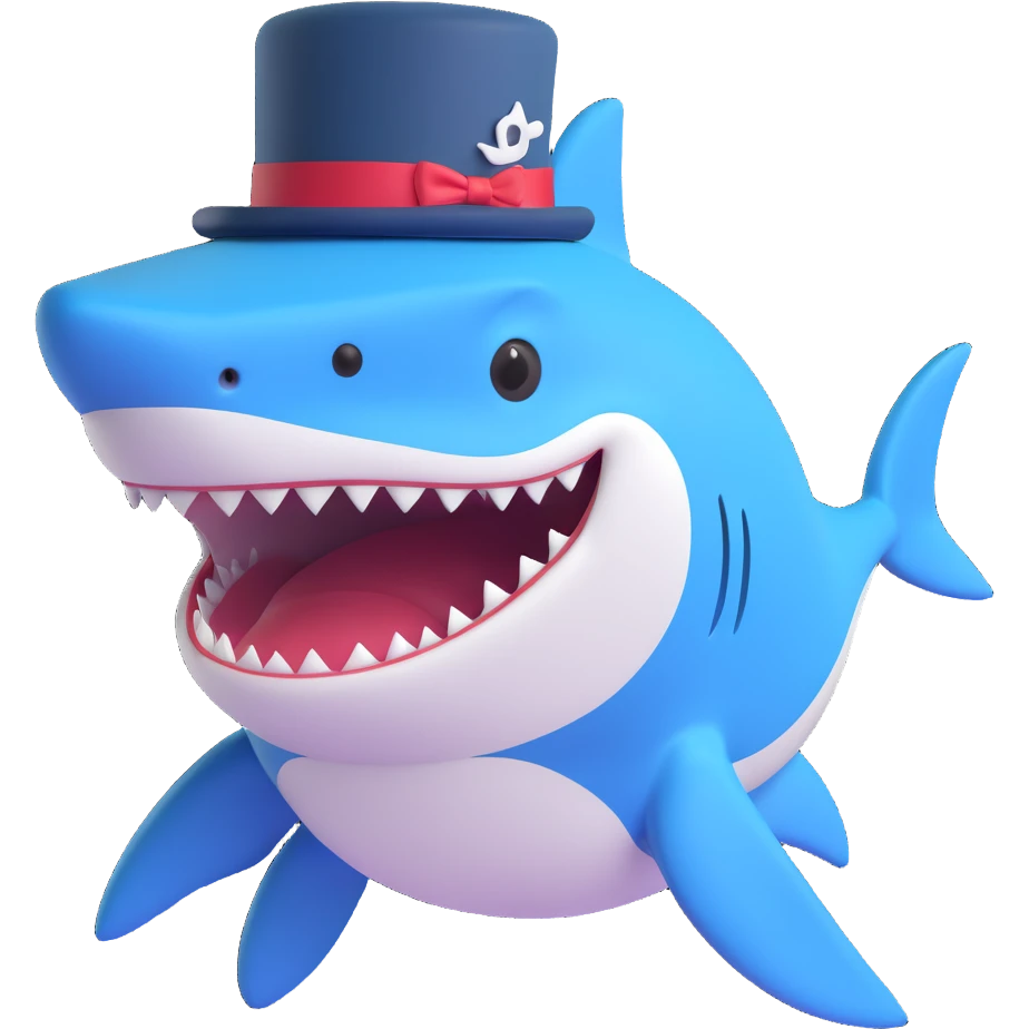 cute shark in a formal top hat, friendly expression emoji