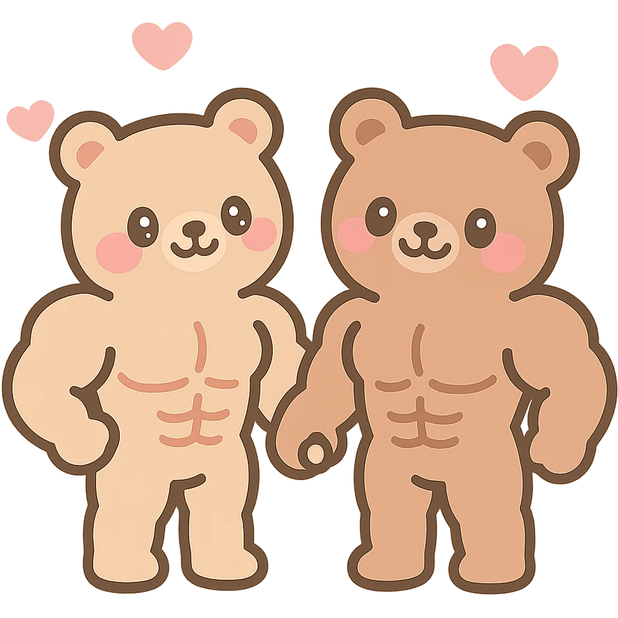 muscle bear couple holding hands, hearts floating around, joyful and warm, kawaii style emoji