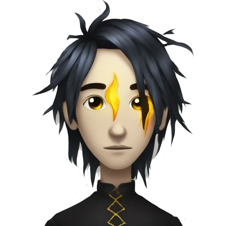 Hamlet young skinny sad man iridescent hair wearing raven feathers with golden flames yin yang chess board emoji