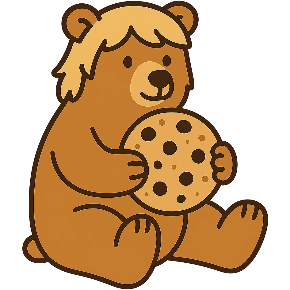 flat toon style blonde grizzly bear sitting, full body, holding a large chocolate chip cookie emoji