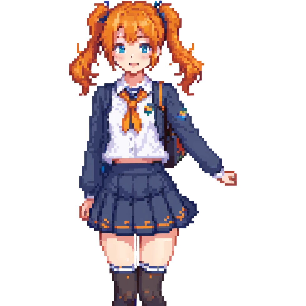 anime girl in school uniform, orange hair in side ponytail, blue eyes, standing in a courtyard with cherry blossom petals, skirt and hair fluttering in breeze, cheerful expression emoji