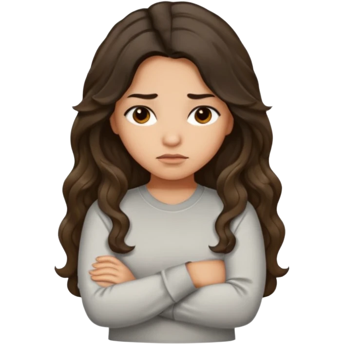 Hispanic light tan girl with long dark wavy hair pouting and arms crossed. Wearing a long sleeve. Hair with middle part. emoji