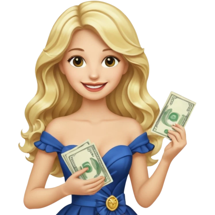 rich long hair blonde millionare woman holding money wearing dress emoji