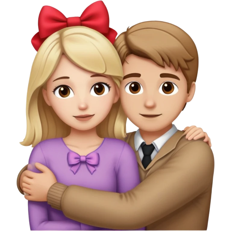 (Brown hair white girl) hugging blonde man with bows emoji