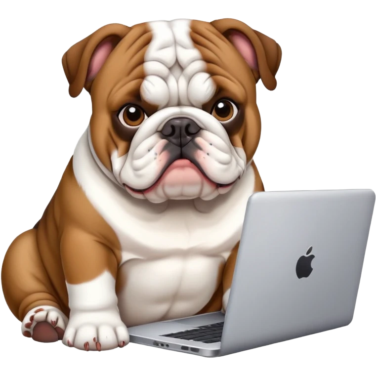 English bulldog sitting with a laptop emoji