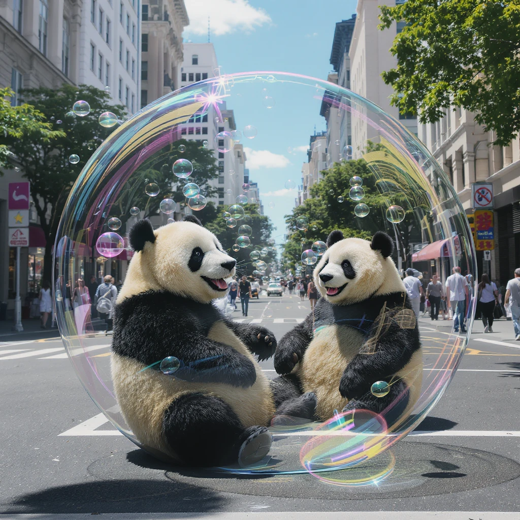 Cinematic still pandas bears sitting inside bubbles flying around San Francisco downtown, sunny summer day, happy vibe emoji
