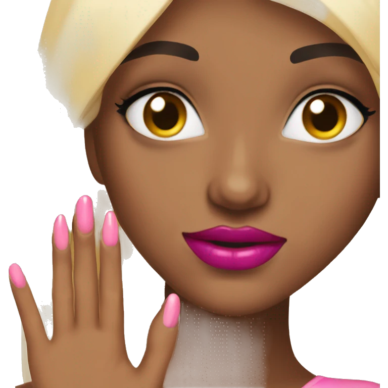 Blonde girl this brown eyes ang red manicure and pink lipstick  emoji