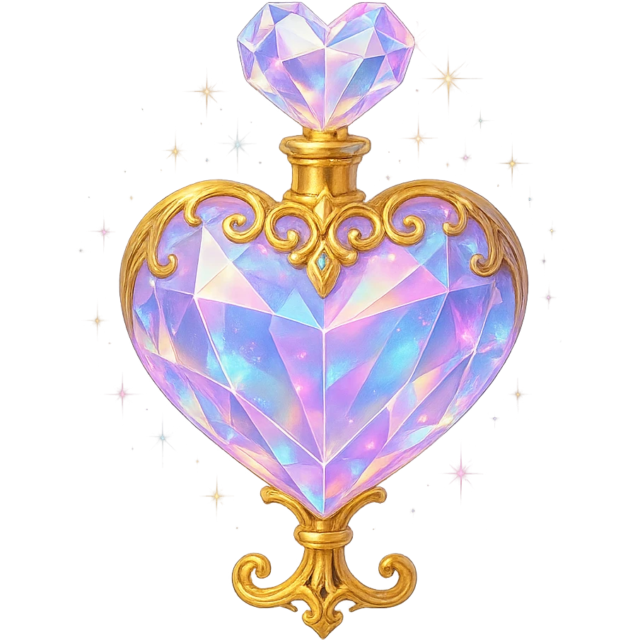 premium class crystal elixir bottle in heart shape, pastel gradient, lots of glowing shine, facets, ornaments, golden details, magical effects, very small golden neck, transparent background, beautiful connected base, clearly floating in air, no base or shadow, very luxurious, matching collection emoji