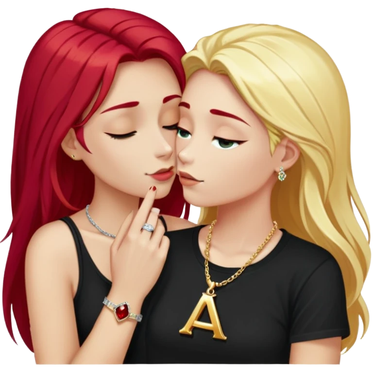 close-up of 20 year old couple kissing, girl with long cherry red hair, blonde eyebrows, gold necklace with letter A, diamond gold ring, red bracelet, boy with bright white hair wearing silver ring with black stone and dark t-shirt emoji