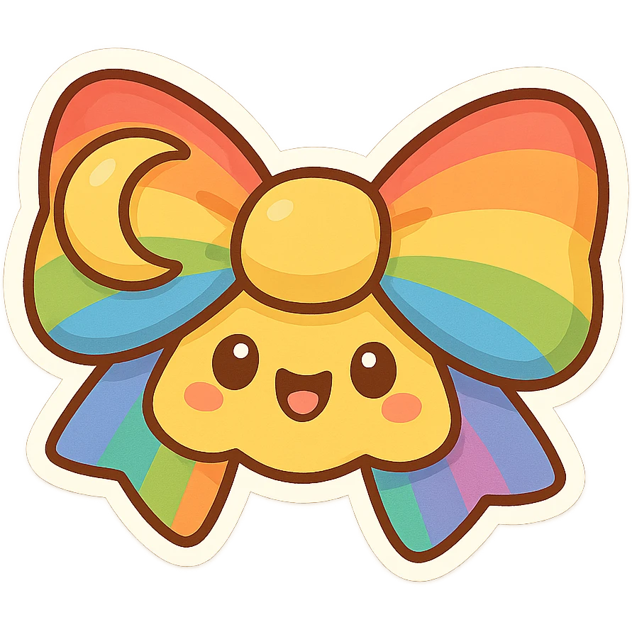 chibi style bow, rainbow colors, playful, cheerful, cartoon style, moon motif emoji