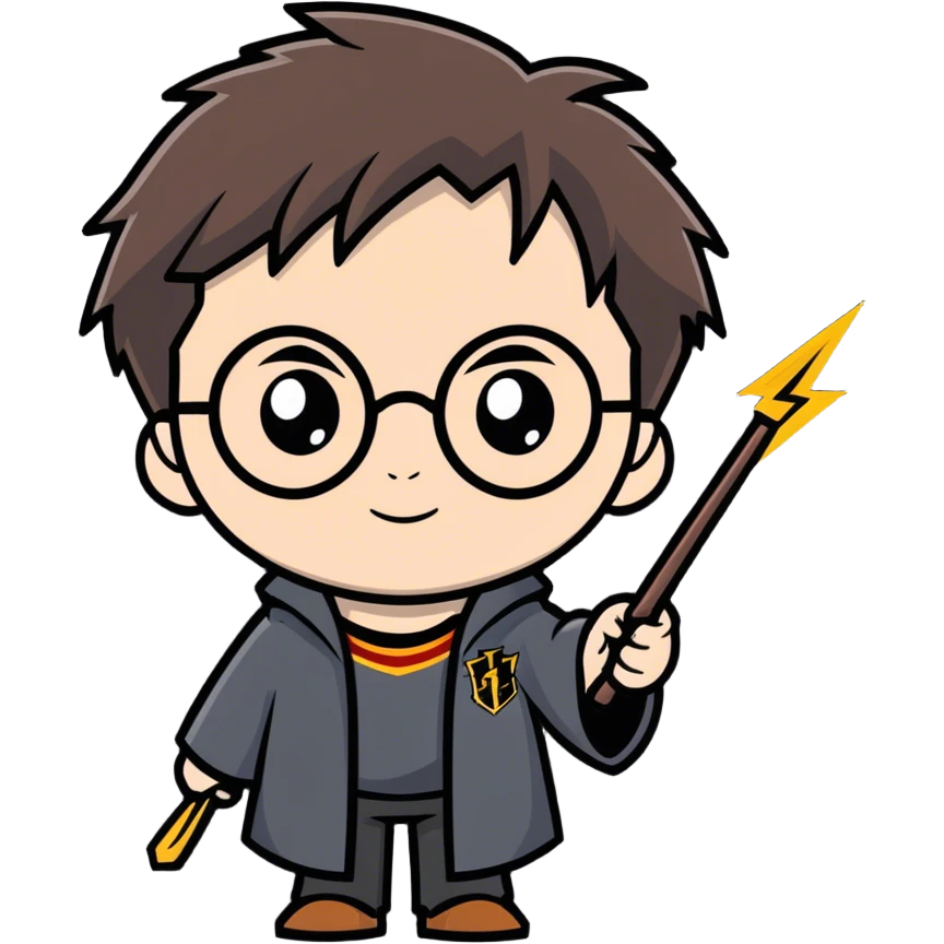 Harry Potter with round glasses, lightning scar, and wand emoji