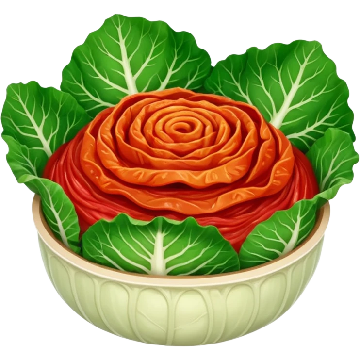 Korean kimchi cabbage leaves, all parts red with red sauce, no face emoji