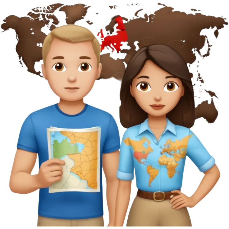 Russian man and elegant Latina girl in cute outfits with a map planning map in the background  emoji