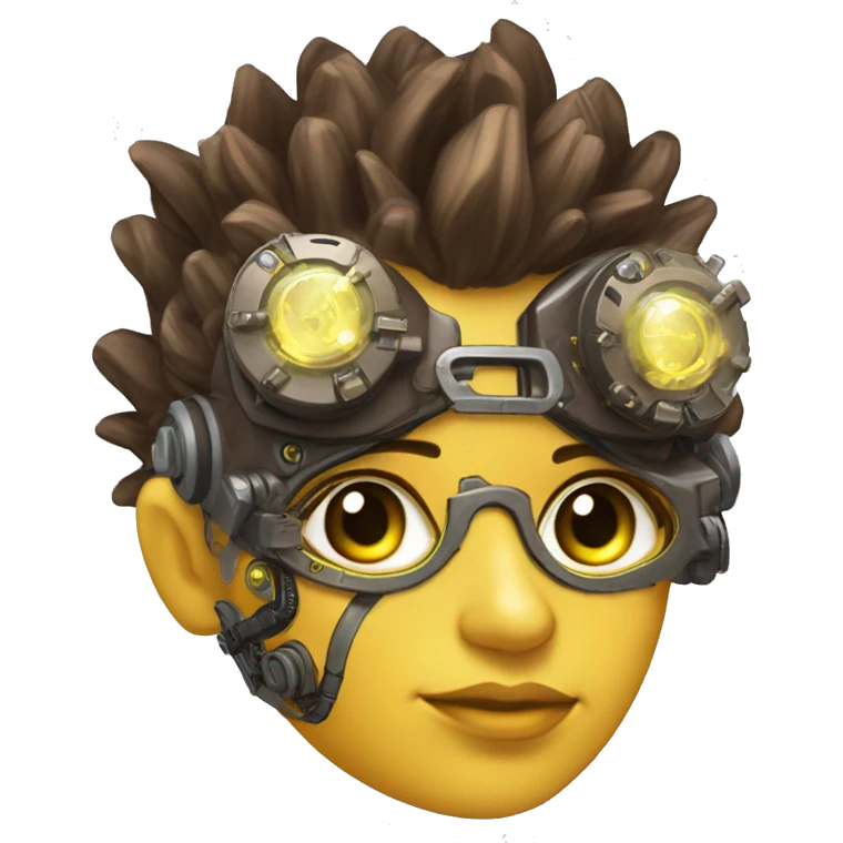 Brown with yellow streaks Mohawk hair female cyborg head, tan skin, steampunk goggles and circuits emoji