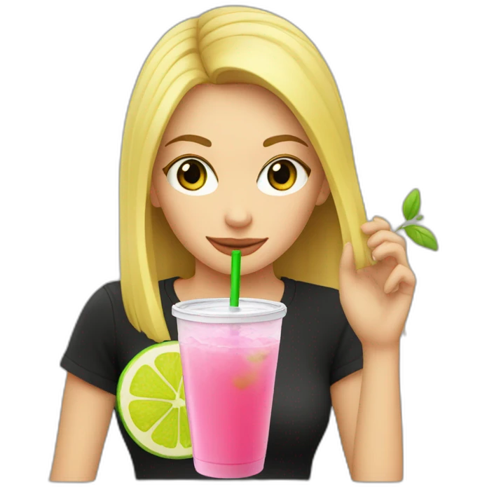 blonde girl straw drinking pink lemonade with one green lemon in the cup, with black watch black tshirt emoji