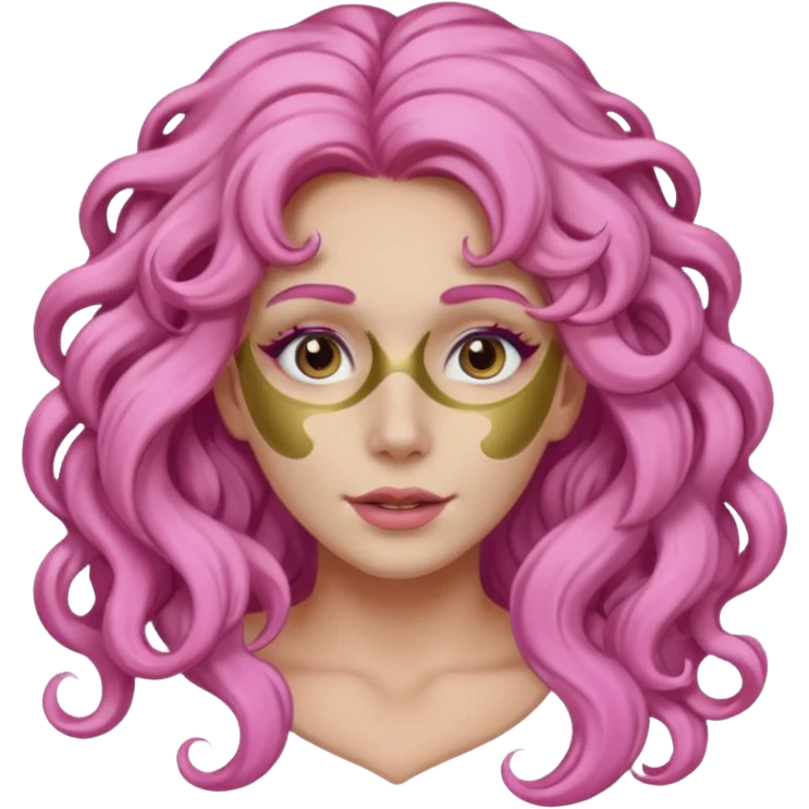 pink haired very long curly haired woman with full full face clay mask emoji