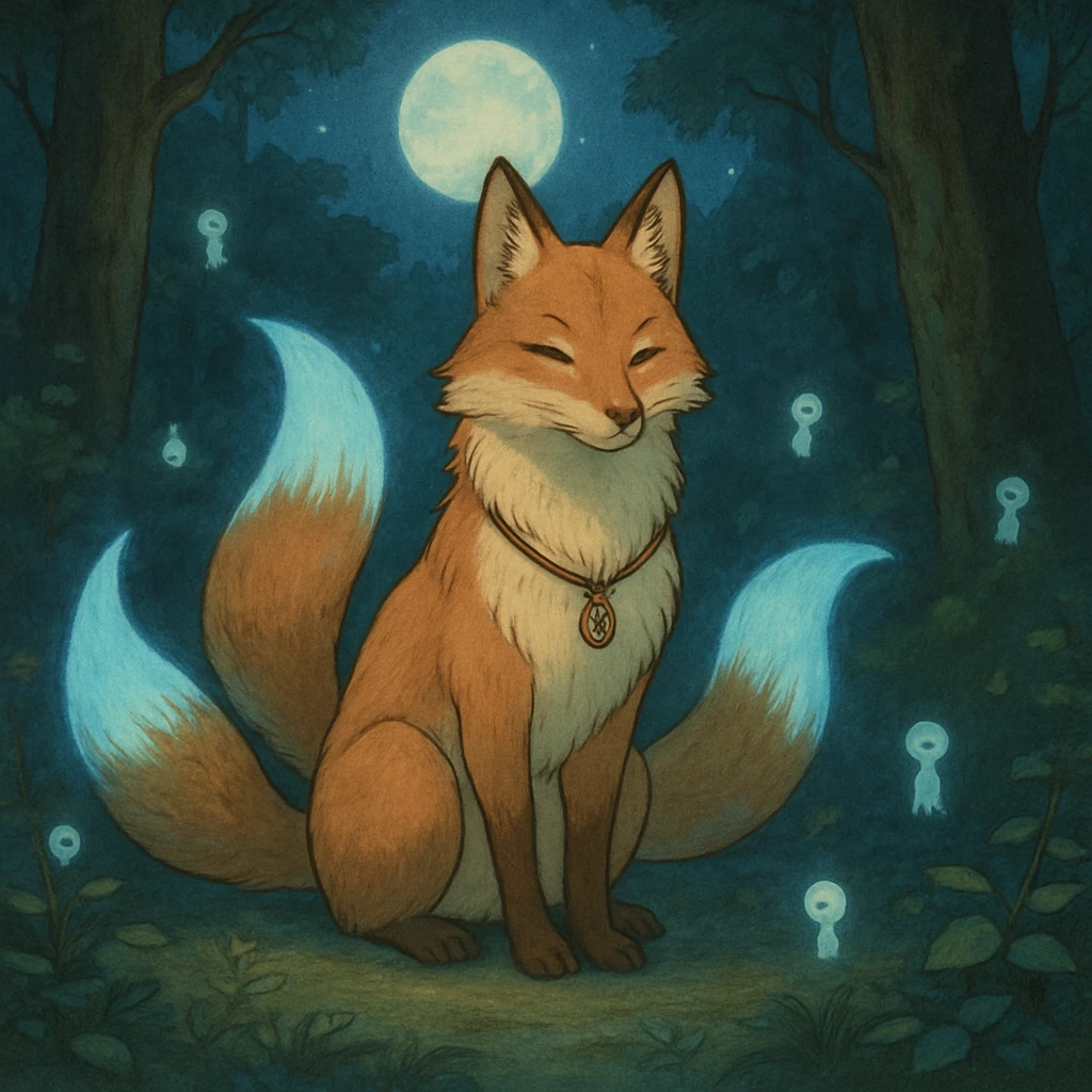 A wise fox spirit companion with three tails that glow with soft blue light, wearing a small necklace with ancient runes, sitting gracefully in a moonlit forest clearing with tiny spirits floating around it emoji
