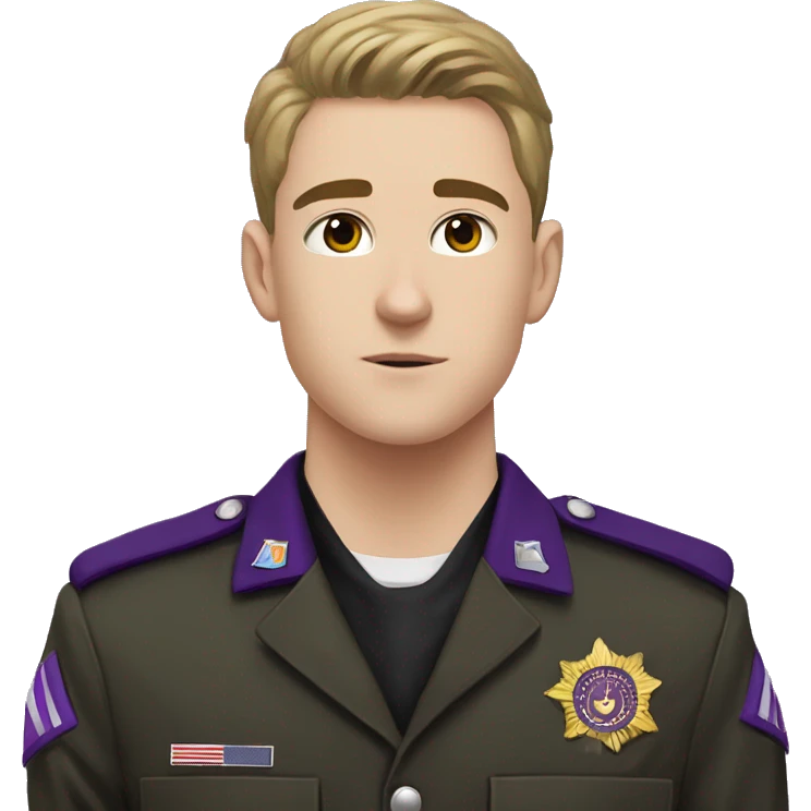 Young White Man , 19 years old, in black military uniform, with purple insignia. On the left of the uniform it says KDS emoji