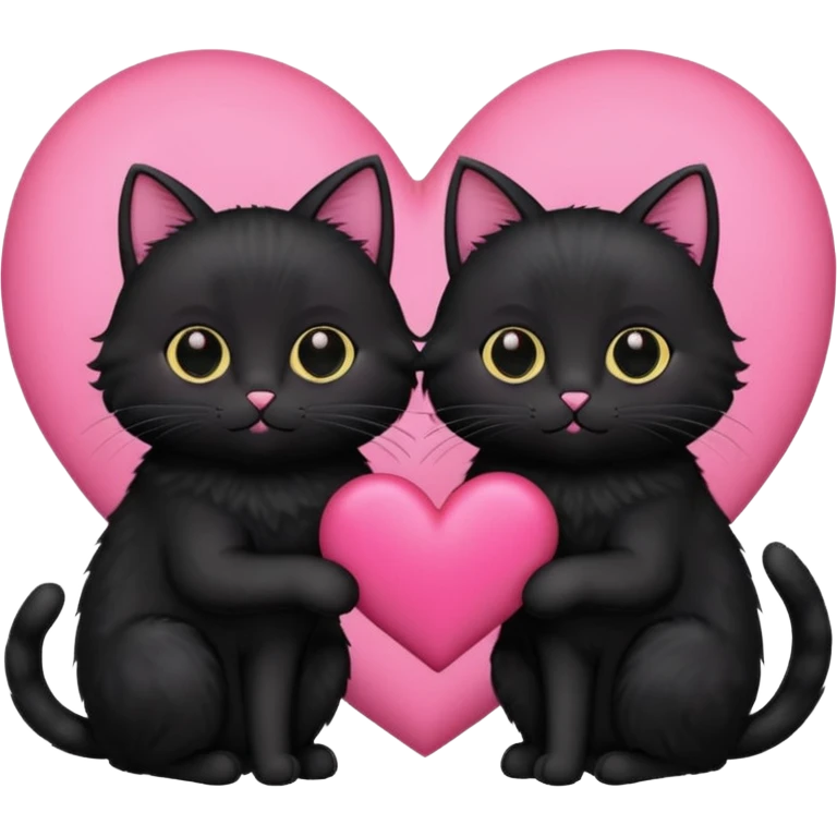 cute two black cats love, pink heart emoji
