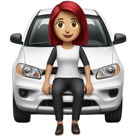 White car with a burgundy haired girl driving emoji