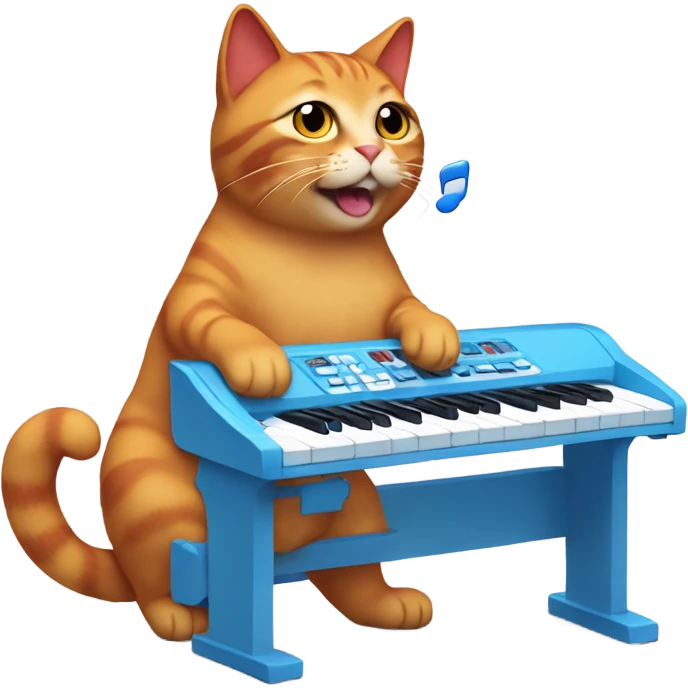 tan-red cat wearing a light-blue t-shirt and a blue base cap taps musical keyboard emoji