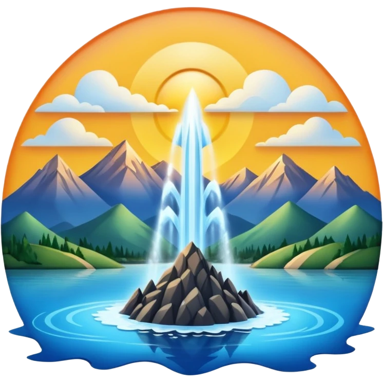 Please generate an image of a sunrise illuminating a lake with a huge water jet pointing only in one direction (upward and then down on one side) like that in the Geneva lake and some mountains in the background. emoji
