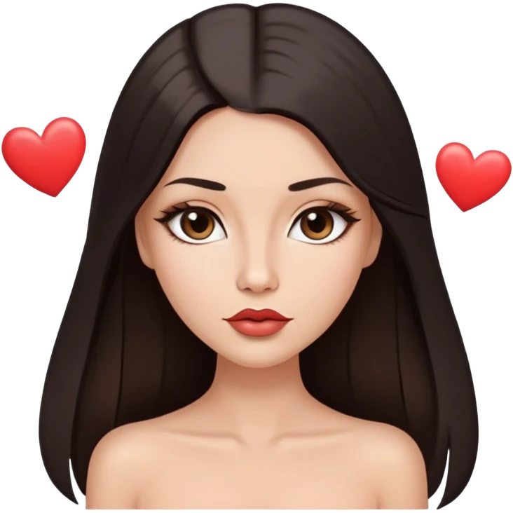 dark long straight hair with small ribbon, oblong shape face, pointed nose, almond eye shape, heart shape lips, with a tube nude top emoji