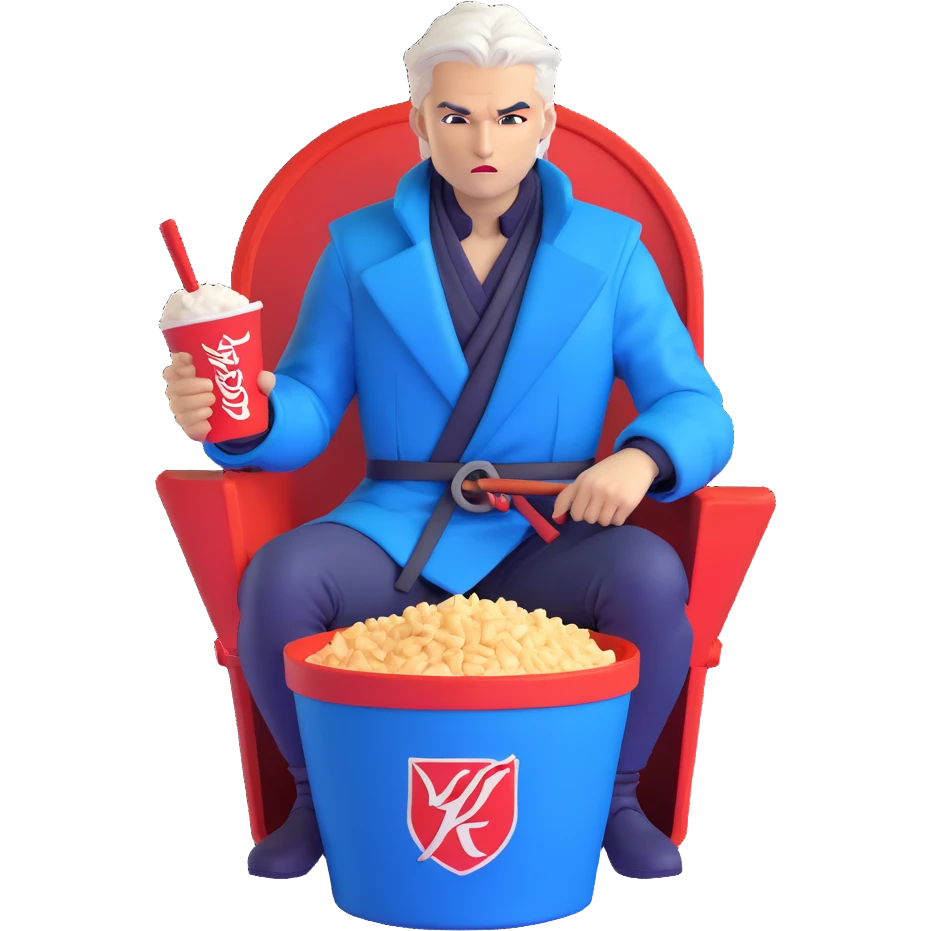 Vergil from Devil May Cry sitting in a KFC bucket, blue coat, white hair, katana emoji