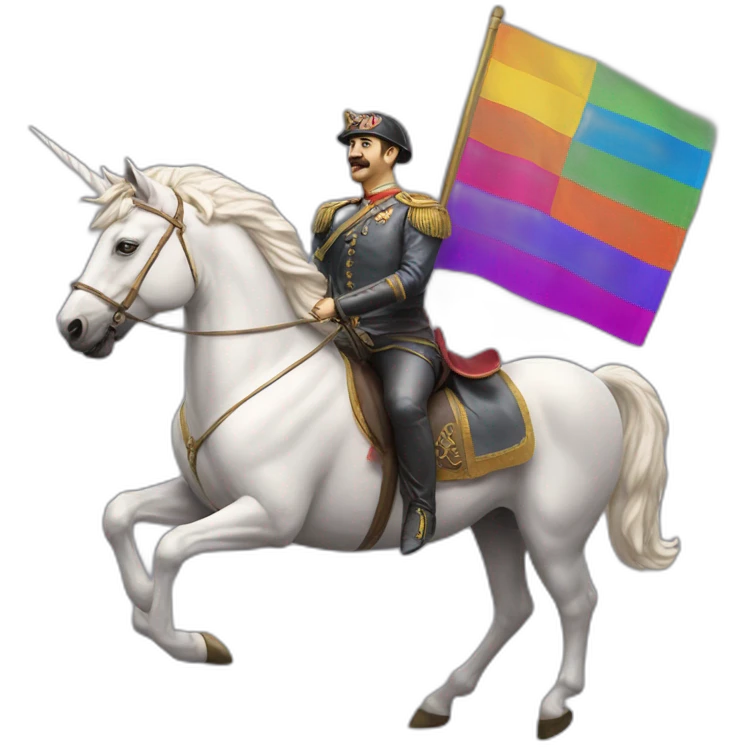 Hyperrealist Francisco franco ride a unicorn with a lgtbi flag emoji