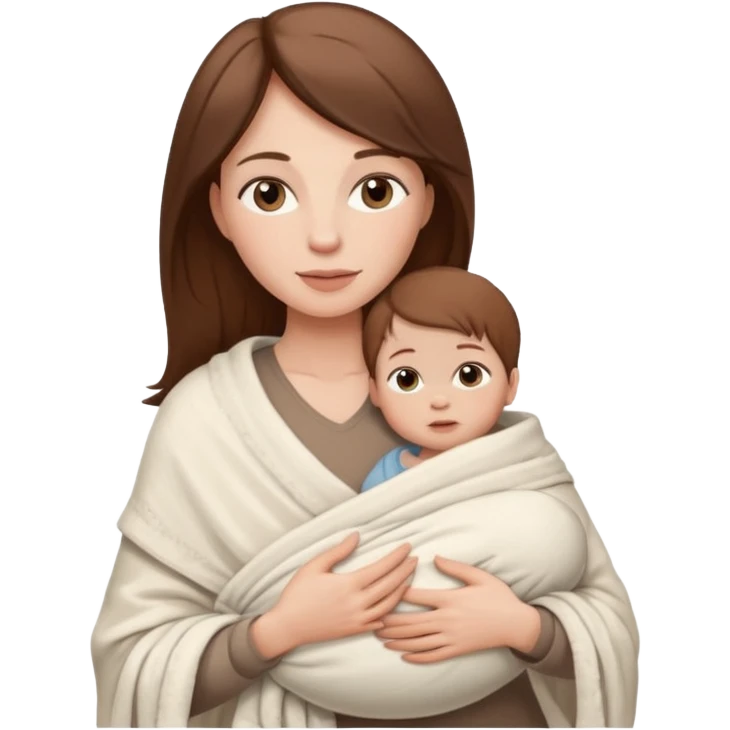 A white-skinned mother with brown hair holds her baby with white skin and brown hair in her arms, the baby is wrapped in a white blanket emoji