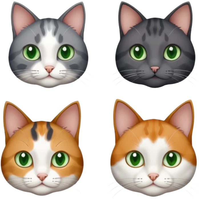4 different coloured small cats including a dark grey and white, and a patchy calico, and a brown tabby and white,  and a completely solid dark grey with green eyes and only white paws emoji