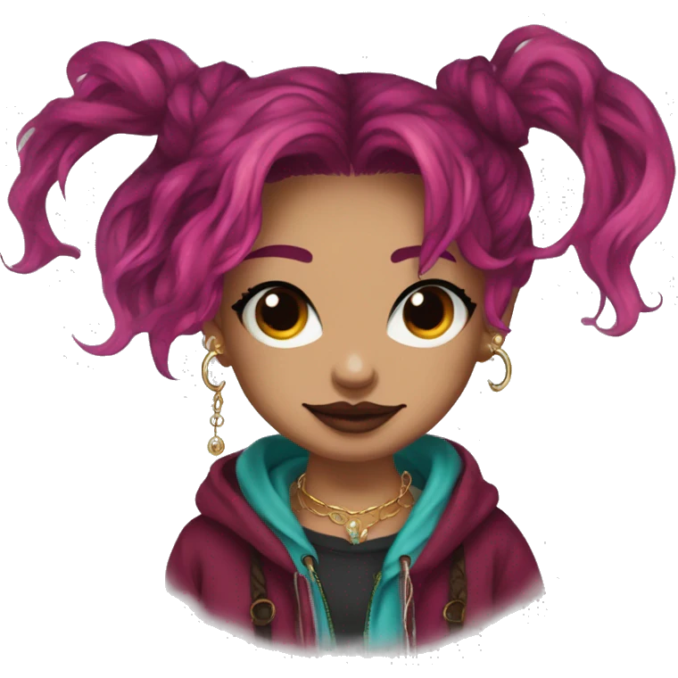 Vintage grunge patina intricate swirls Deep pink maroon burgundy cyan dark hoodie person dyed hair and gold piercings nose piercing ear piercings emoji