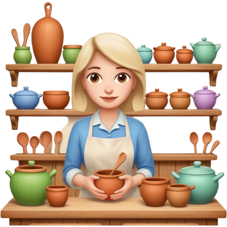 cartoon Apple iOS emoji style woman, pastel colors, Chilean wooden kitchen background, clay pots, warm light, detailed and clean vector art emoji