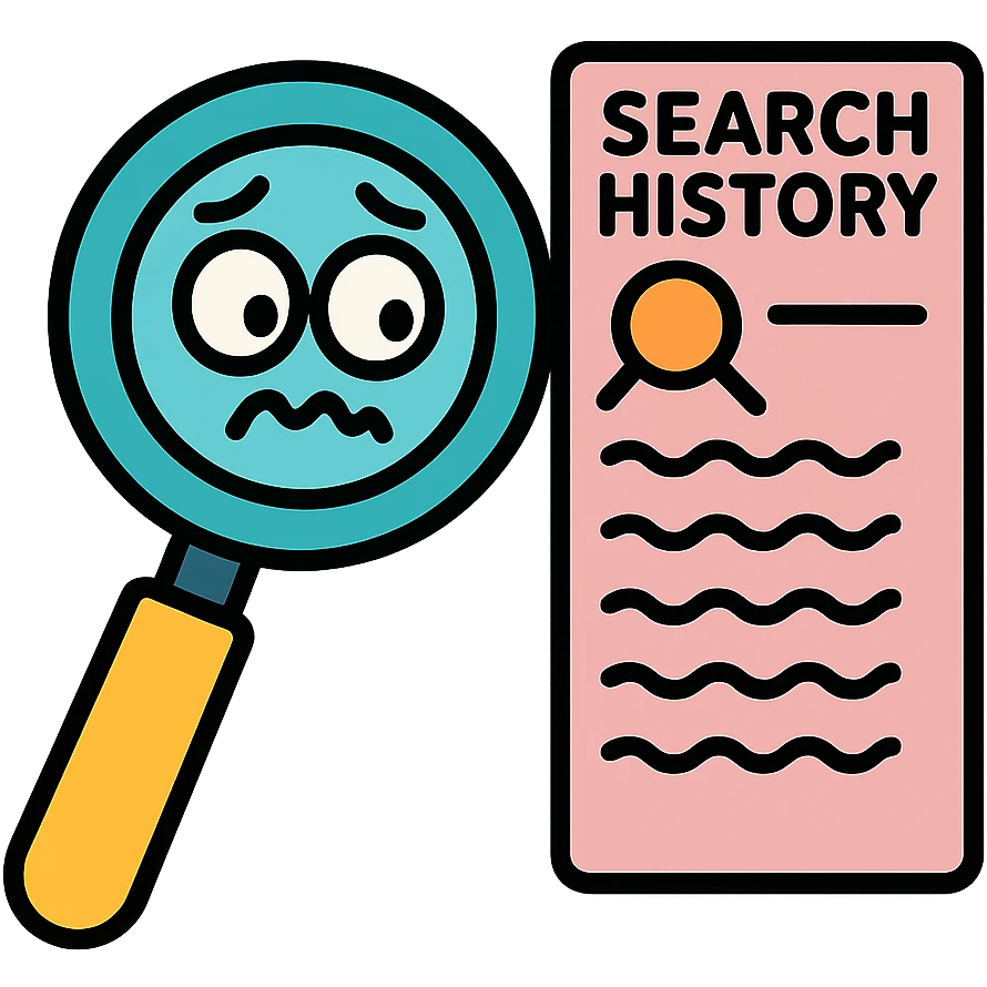 humorous icon of a magnifying glass looking at a long, embarrassing search history list emoji