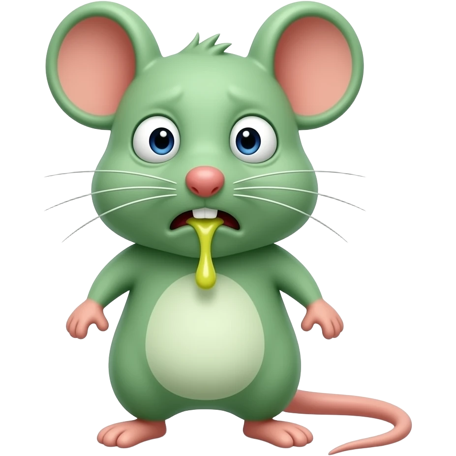 A little green mouse standing upright, with arms and legs that look like those of a little person, staring at us with a disgusted, revolting and nauseating look on its face. He is vomiting. The mouse’s body is entirely green. emoji
