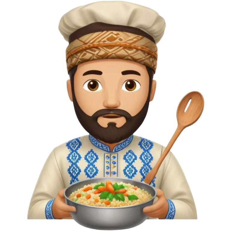 uzbek bearded man with national outfit cooking pilaf emoji
