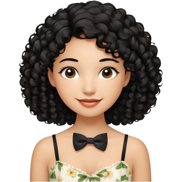A young woman. She has voluminous, curly black hair that frames her face beautifully. Her skin tone is warm and glowing, and she has a subtle, natural makeup look. She’s smiling softly at the camera. She is wearing a white floral top with thin straps and a small bow tie detail in the front. emoji