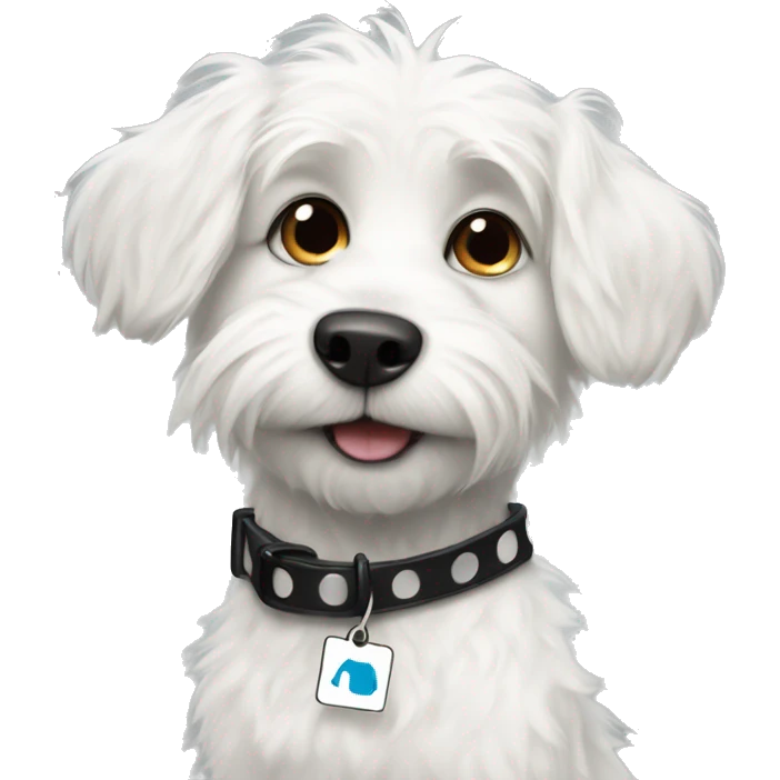Scruffy white dog with black spots with a name tag that says Stuart  emoji