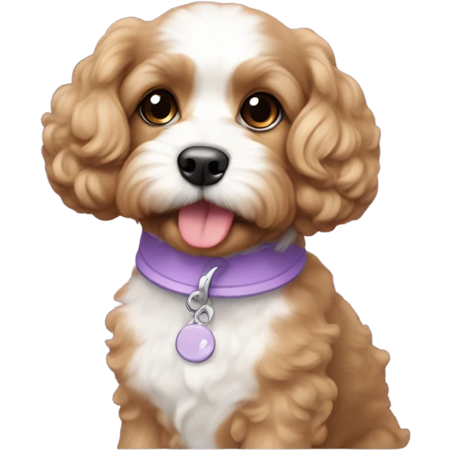 light brown cavapoochon with white patch on chest wearing a lilac collar emoji
