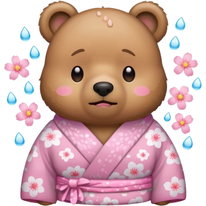 A cute light-brown bear wearing a pastel pink sakura-patterned kimono, normal balanced body ratio.  
Crying heavily with big teardrops streaming down the face, trembling lips and watery eyes.  
Kawaii emoji style, minimalistic clean sticker illustration, white background. emoji