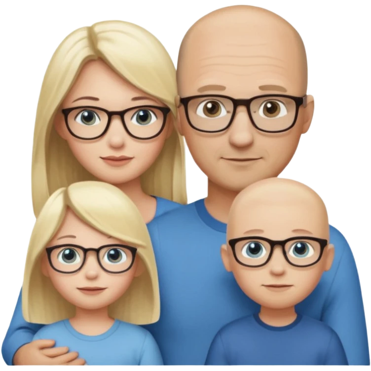Eigene Familienbild mit 3 Personen; Mutter dunkle Augen und dunkle lange Haare mit Brille; Vater mit Vollglatze und Blaue Auge und ohne Brille;  kleinkind mit blonden Haaren und dunklen Augen und ohne Brille emoji
