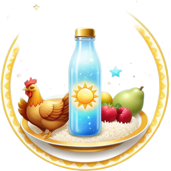 Magical fitness galaxy with ethereal glowing water bottle, celestial sun rays, enchanted floating chicken and rice plate, mystical sparkling gym equipment, luminous yogurt, twinkling fruit pieces, and dreamy moon and stars, all orbiting in perfect harmony within a cosmic starry circle emoji