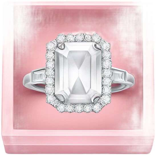 a luxurious all-white diamond ring in a light pink half open box, shown from a side view. Use bold outlines, a glossy finish emoji