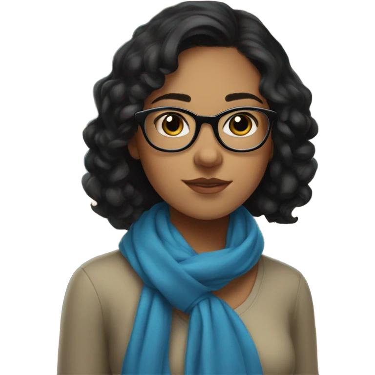 teenage girl wearing blue scarf, short wavy black hair, glasses, serious, books emoji